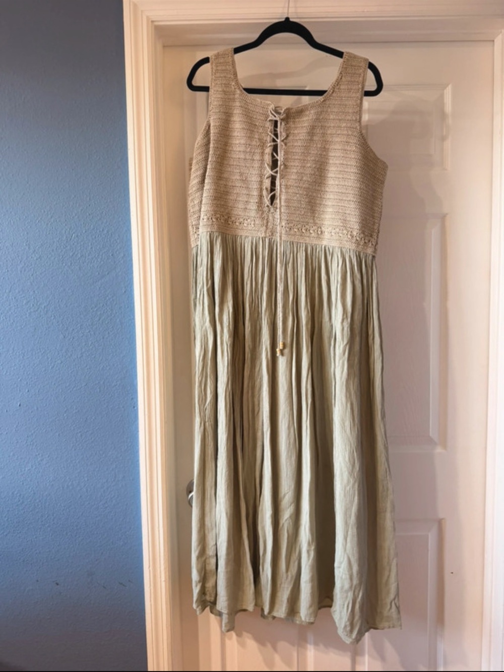 Boho Lace-Up Sleeveless Maxi Dress in Sage and Cream